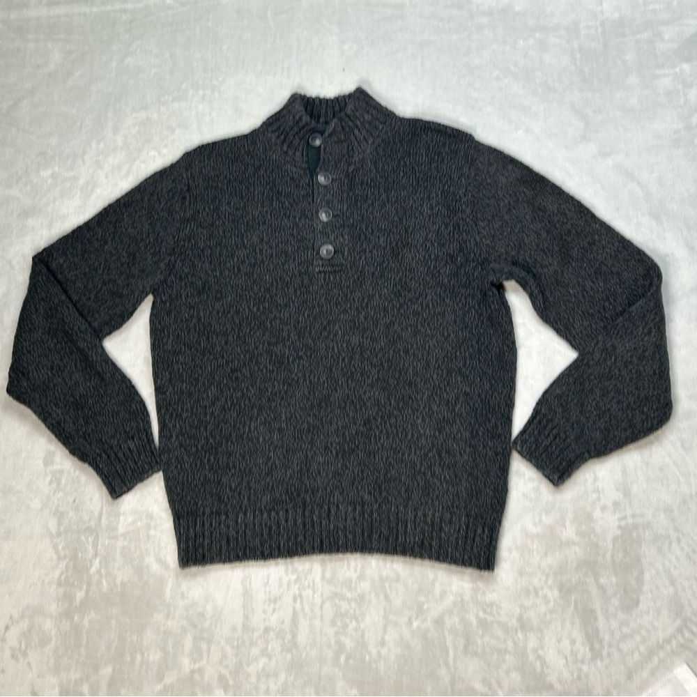 LL Bean Henley Sweater Men's L Charcoal Gray 100% Cotton Mock Neck Pullover